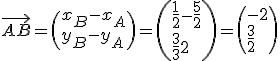 \vec{AB}=\(x_B-x_A\\y_B-y_A\)=\(\frac{1}{2}-\frac{5}{2}\\\frac{3}{2}\)=\(-2\\\frac{3}{2}\)